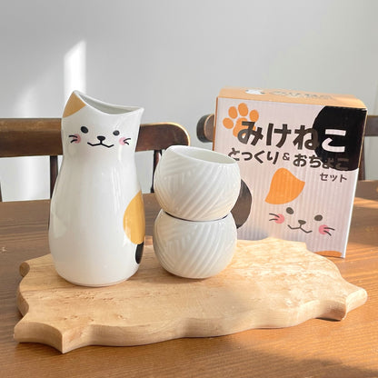 Cat Café Sake & Soju Carafe and Cup Set for 2 (3-Piece)
