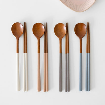 Two-Tone Wood Spoon & Chopsticks Set for 4