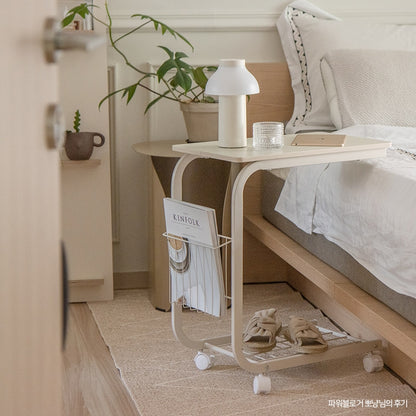Rolling C-Shaped Side Table with Magazine Rack
