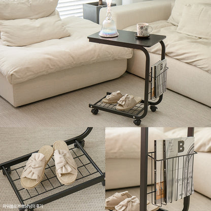 Rolling C-Shaped Side Table with Magazine Rack