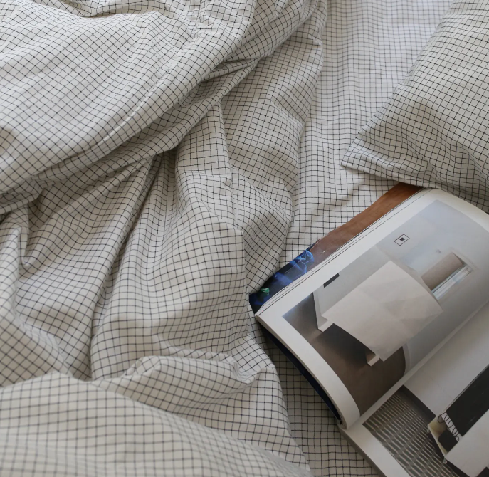 Almond Check Pattern Pure Cotton Duvet Cover & Fitted Sheet - lifestyle