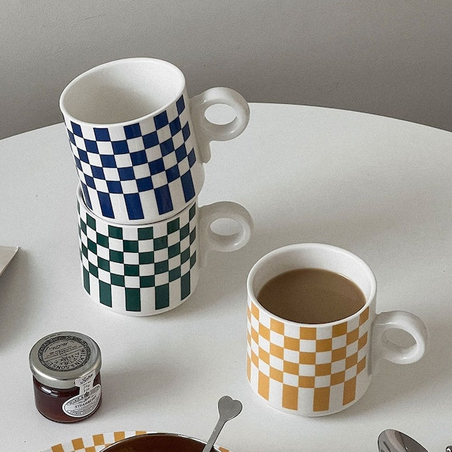 Retro Check Ceramic Mug - close up