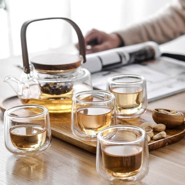 Durable Glass Teapot & Cup Set with Wooden Tray (4-Person Set)