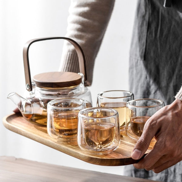 Durable Glass Teapot & Cup Set with Wooden Tray (4-Person Set)