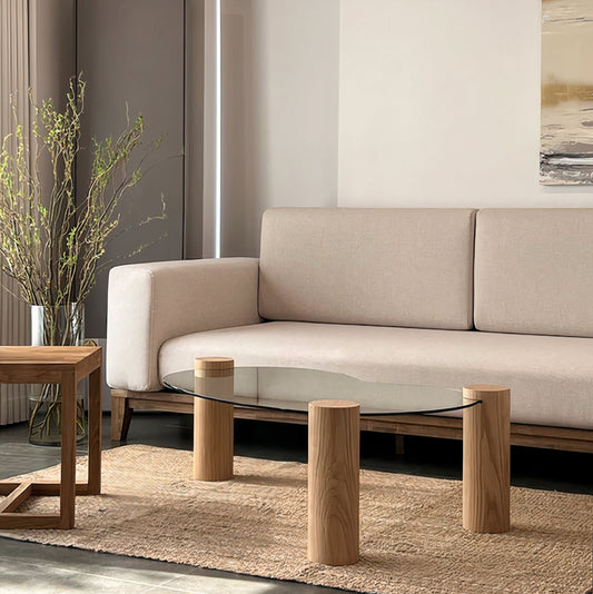 Glass Coffee Table with Wooden Legs