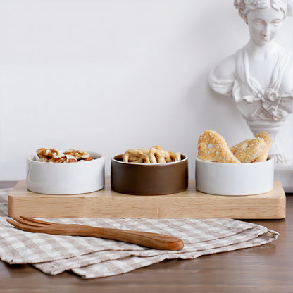 Ceramic Sauce Bowl with Wooden Tray Set