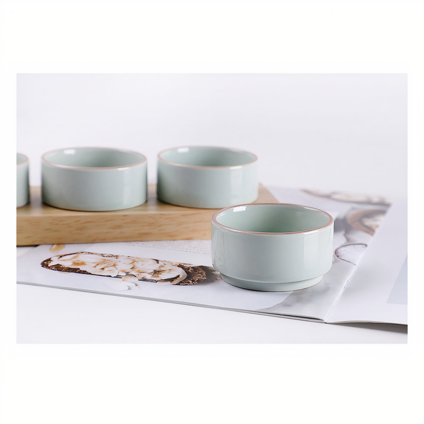 Ceramic Sauce Bowl with Wooden Tray Set