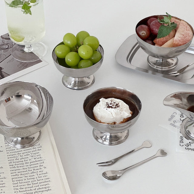 Mini Stainless Steel Dessert Bowl + Heart Fork Set - close up