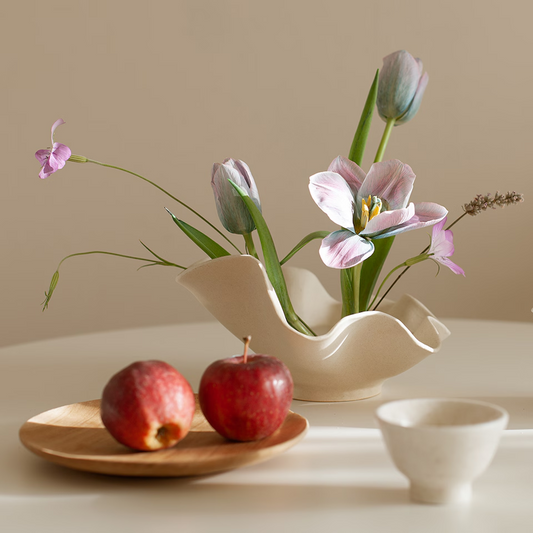 Ceramic Ikebana Bowl Vase & Fruit Basket with Flower Frog