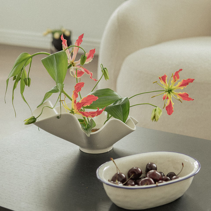 Ceramic Ikebana Bowl Vase & Fruit Basket with Flower Frog