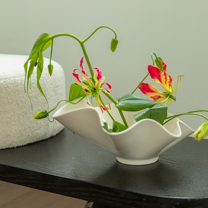 Ceramic Ikebana Bowl Vase & Fruit Basket with Flower Frog
