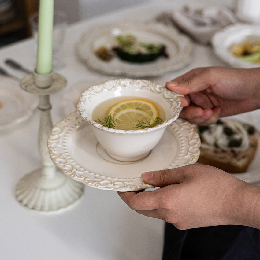 Baroque Ceramic Coffee Cup & Saucer Set - detail view