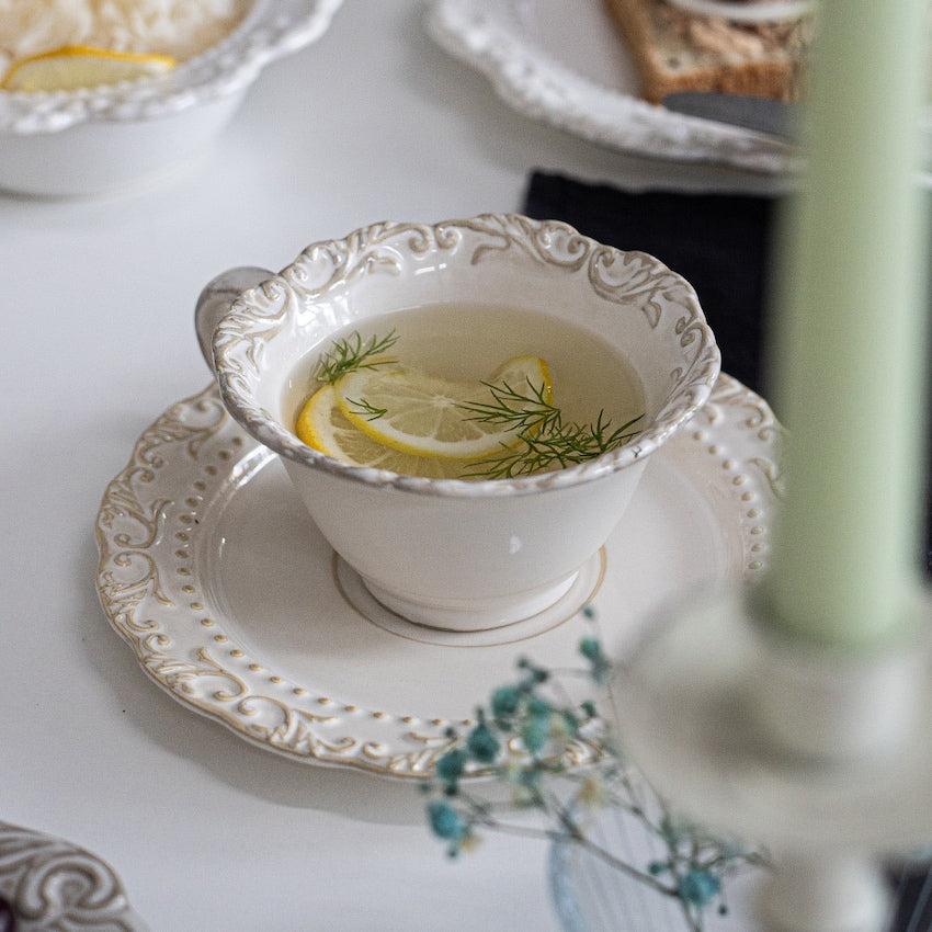 Baroque Ceramic Coffee Cup & Saucer Set - lifestyle