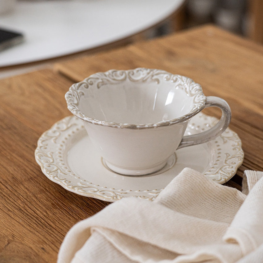 Baroque Ceramic Coffee Cup & Saucer Set - close up