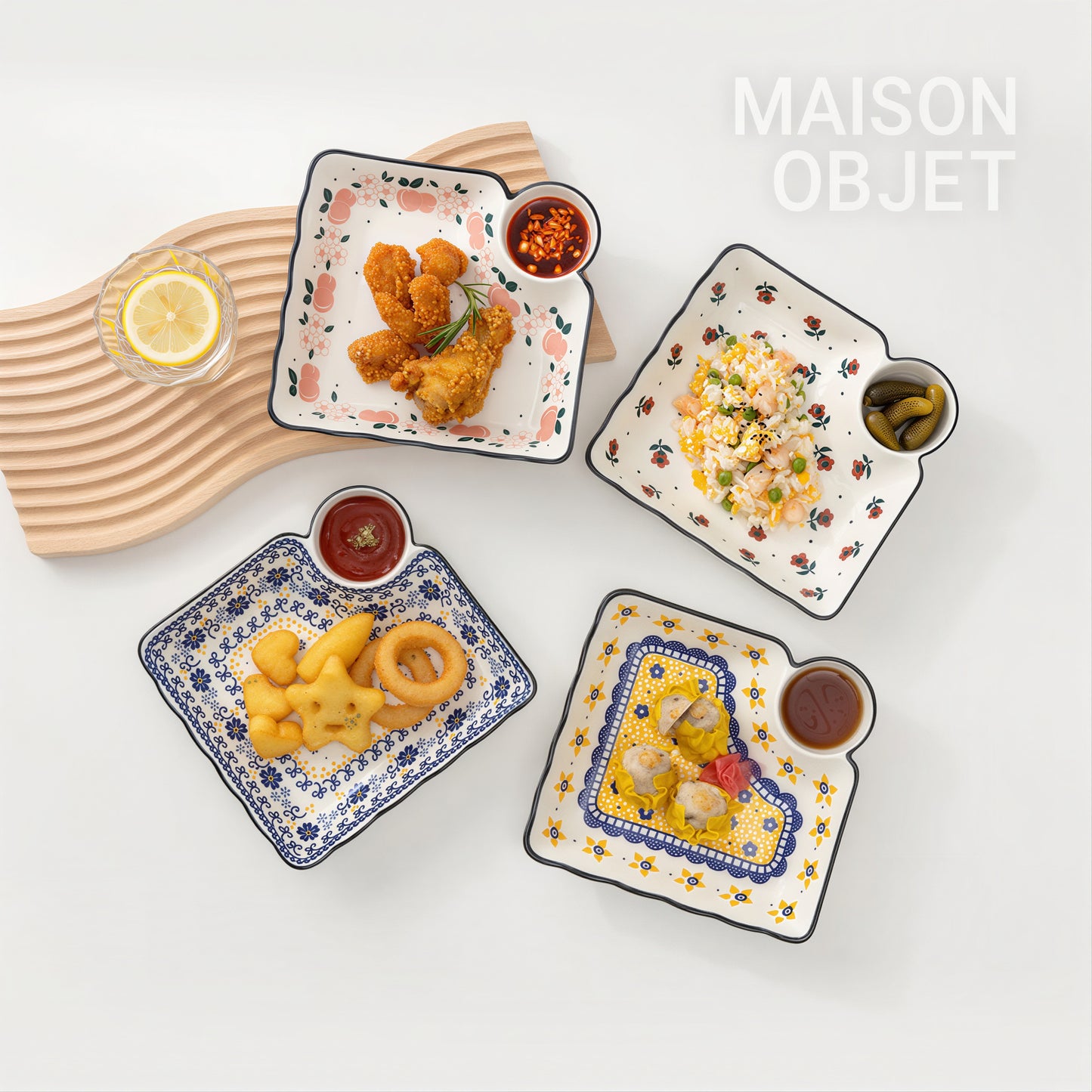 Floral Square Serving Plate Set with Sauce Dish (2-Piece)