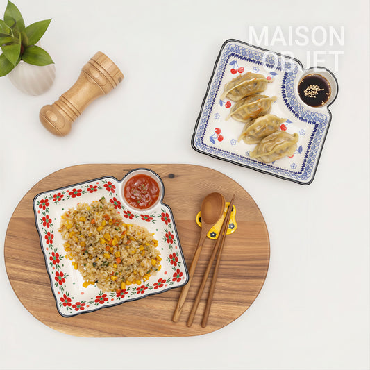 Floral Square Serving Plate Set with Sauce Dish (2-Piece)