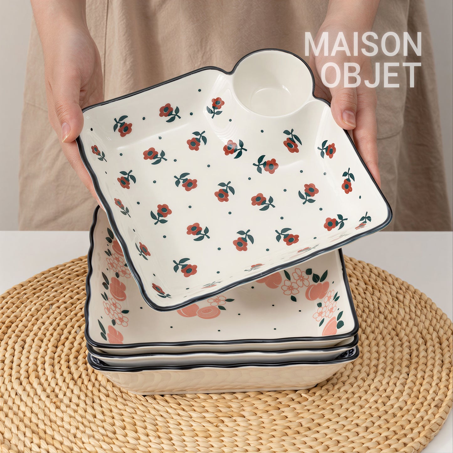 Floral Square Serving Plate Set with Sauce Dish (2-Piece)