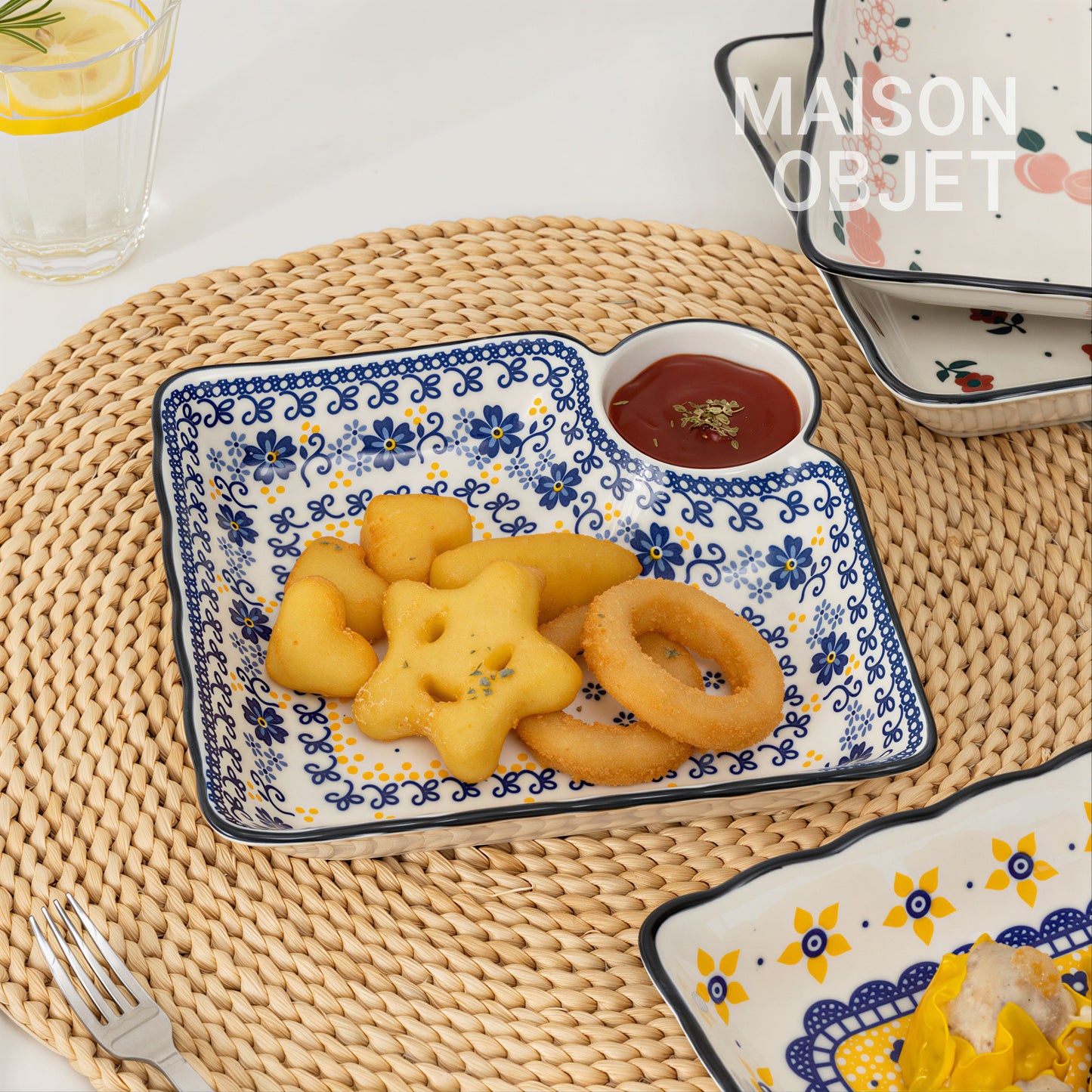 Floral Square Serving Plate Set with Sauce Dish (2-Piece)