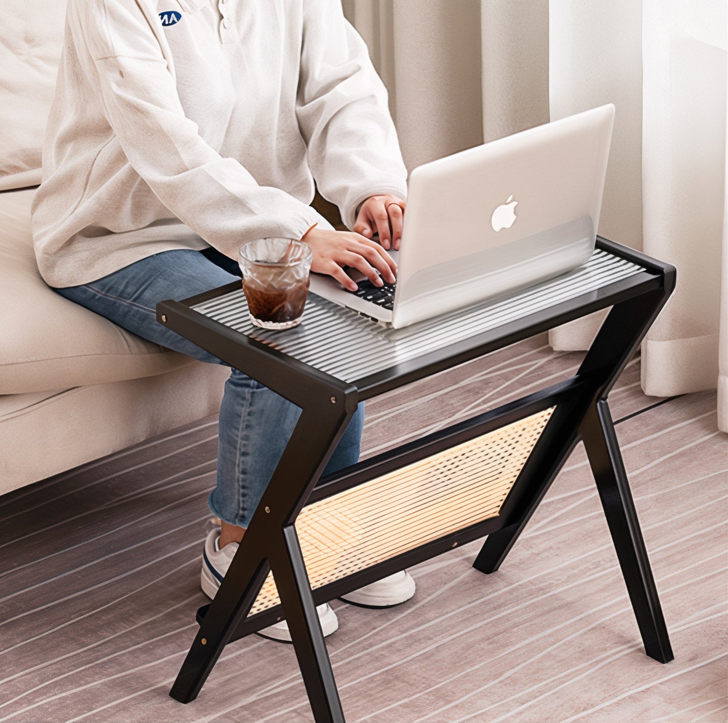 Bamboo Rattan Side Table with Magazine Holder
