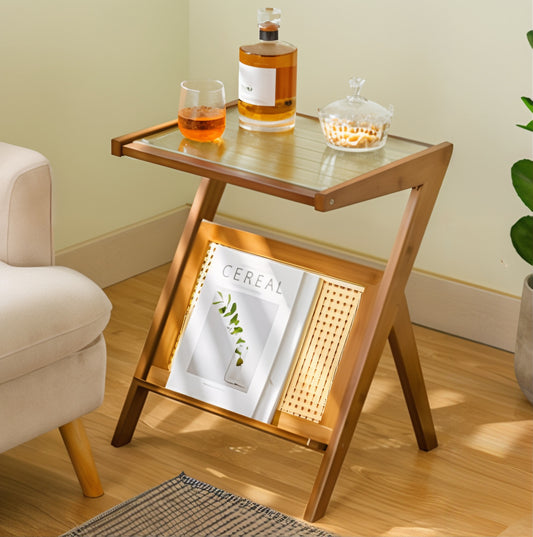 Bamboo Rattan Side Table with Magazine Holder