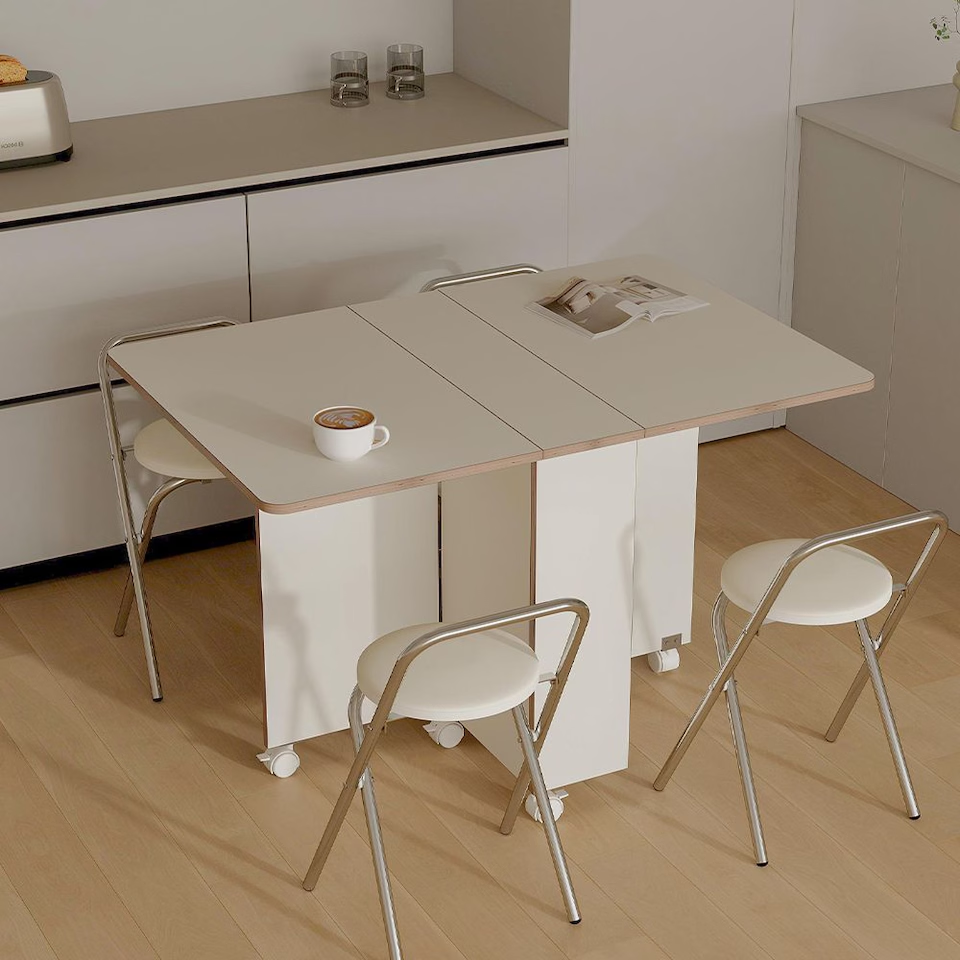 E0 Round Extendable Rolling Dining Table with Storage
