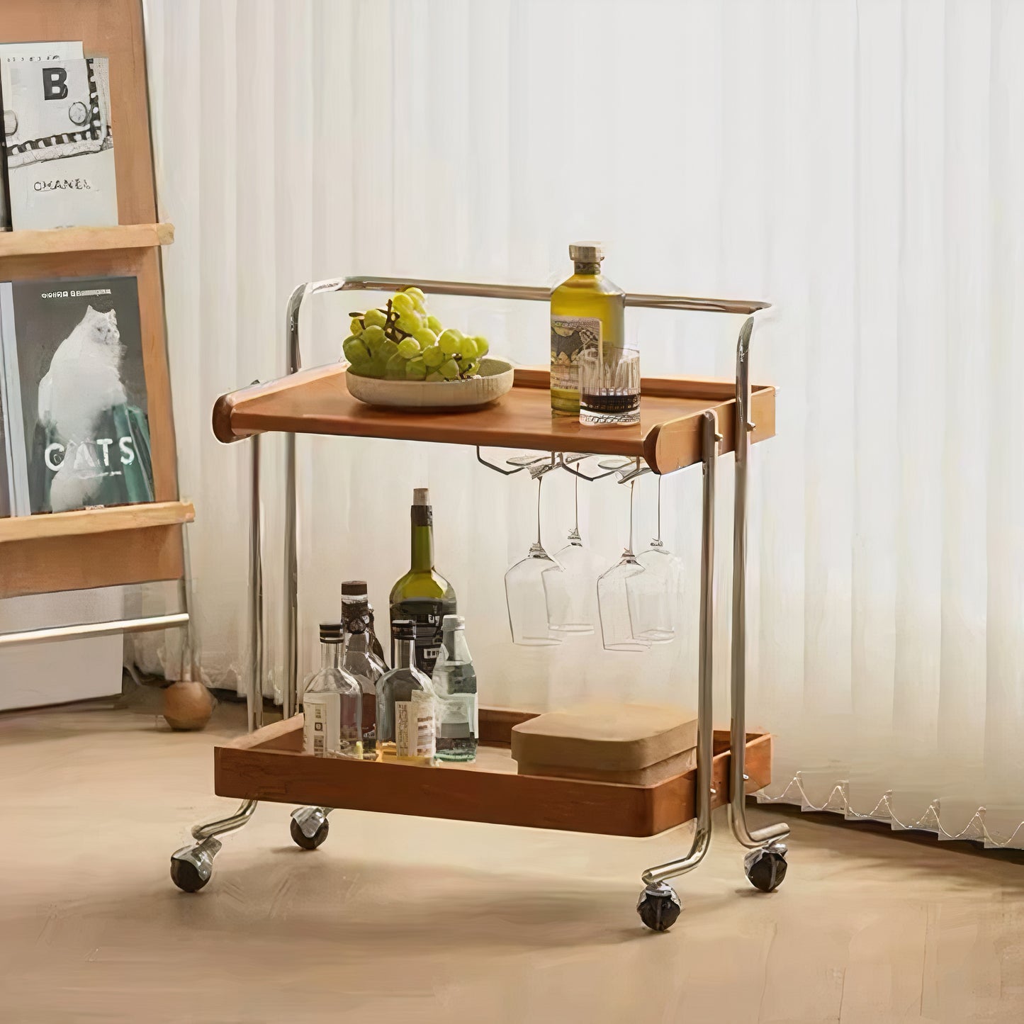 Antique Wood Trolley with Glass Rack