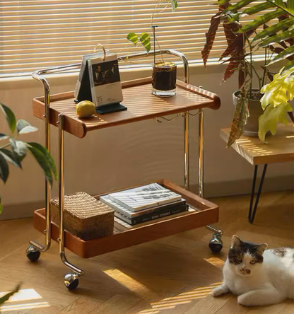 Antique Wood Trolley with Glass Rack