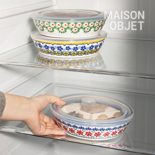 Floral 3-Compartment Food Storage Bowl Set with Lids (4-Piece)