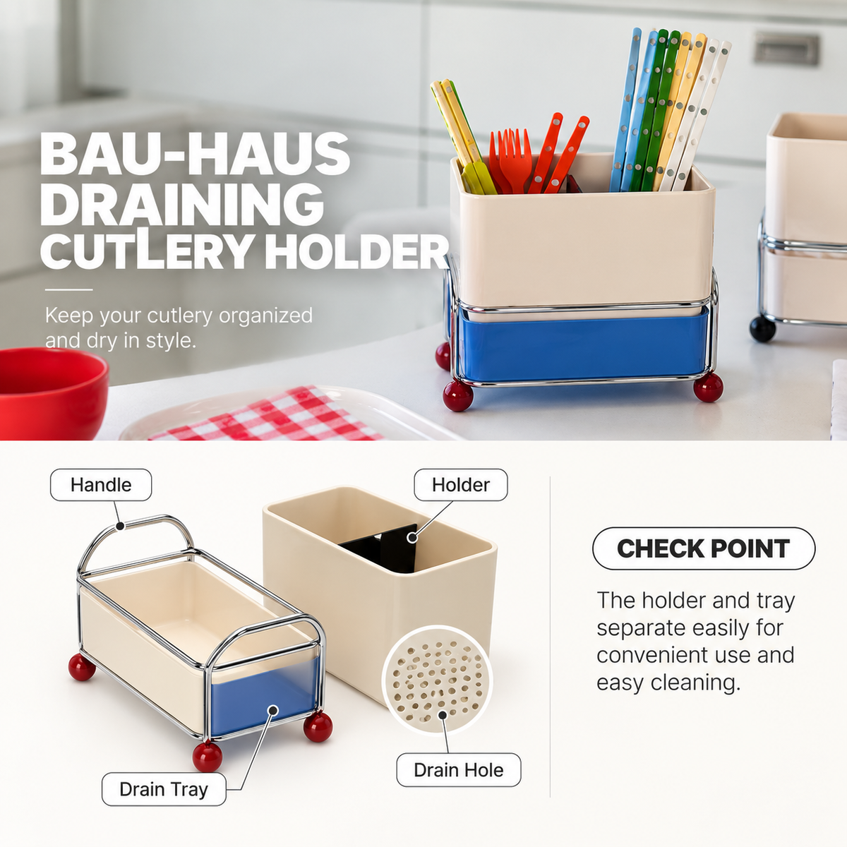 Bauhaus 2-Compartment Draining Cutlery & Utensil Holder
