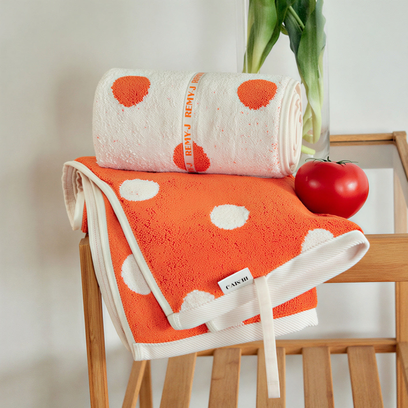 Dot Orange Mochi Modal Tencel Banded Towel Set (5-Piece)
