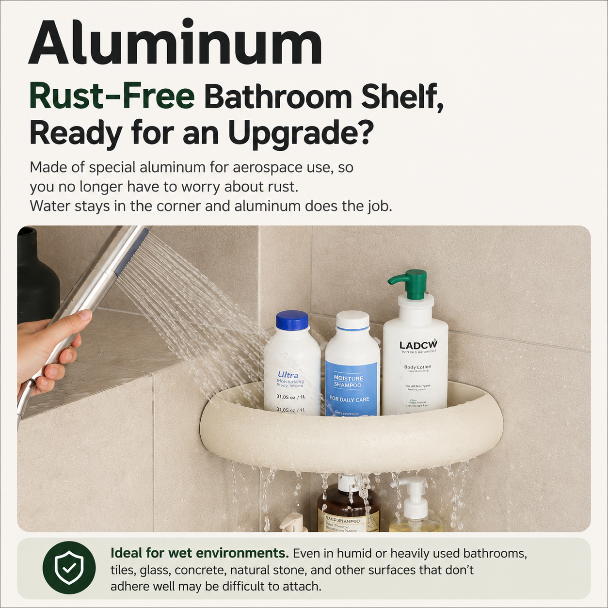 No-Drill Aluminum Bathroom Corner Shelf
