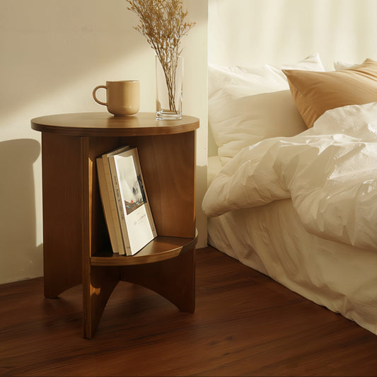 Round Wood Side Table with Built-in Bookshelf