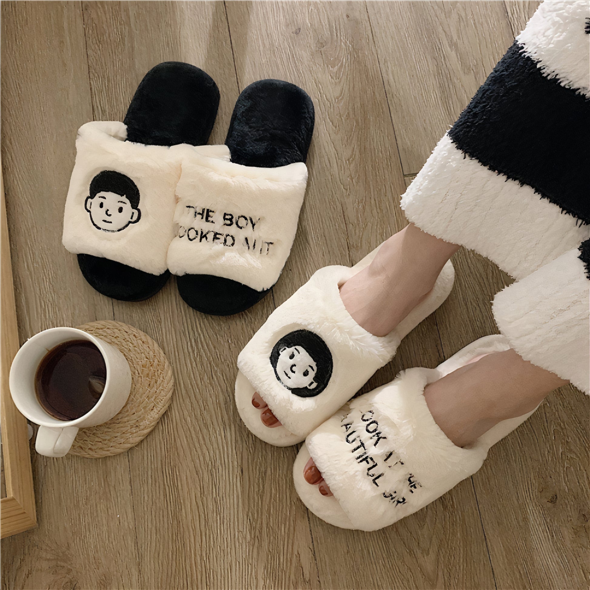 Cozy Faux-Fur Couple Character Slippers - lifestyle