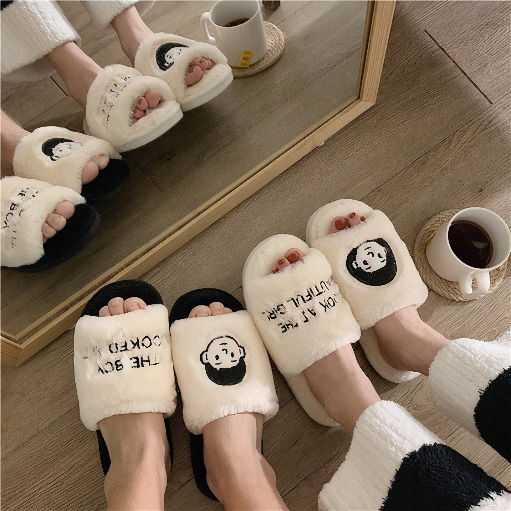Cozy Faux-Fur Couple Character Slippers - close up