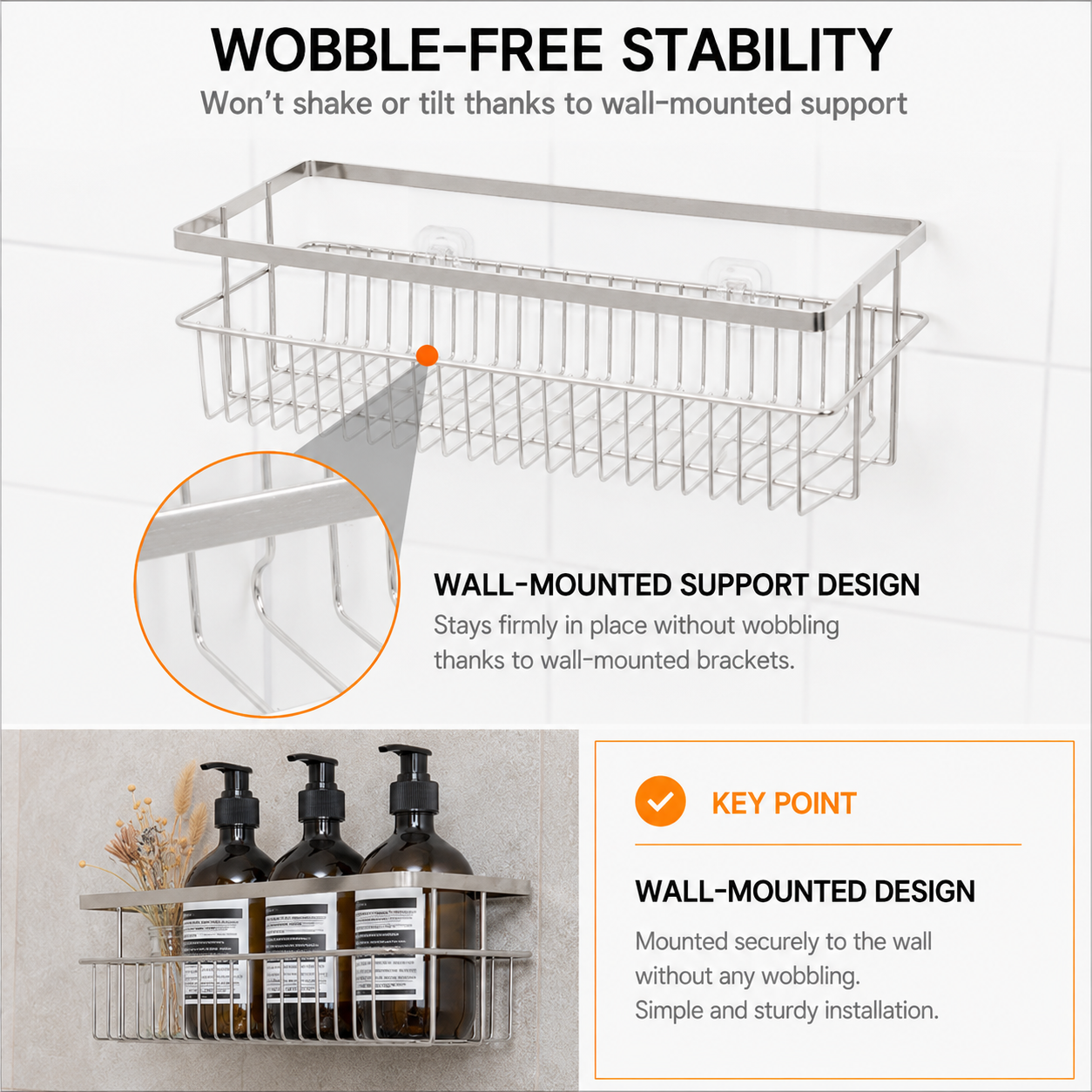 No-Drill Strong Adhesive Large-Capacity Stainless Steel Bathroom Shelf