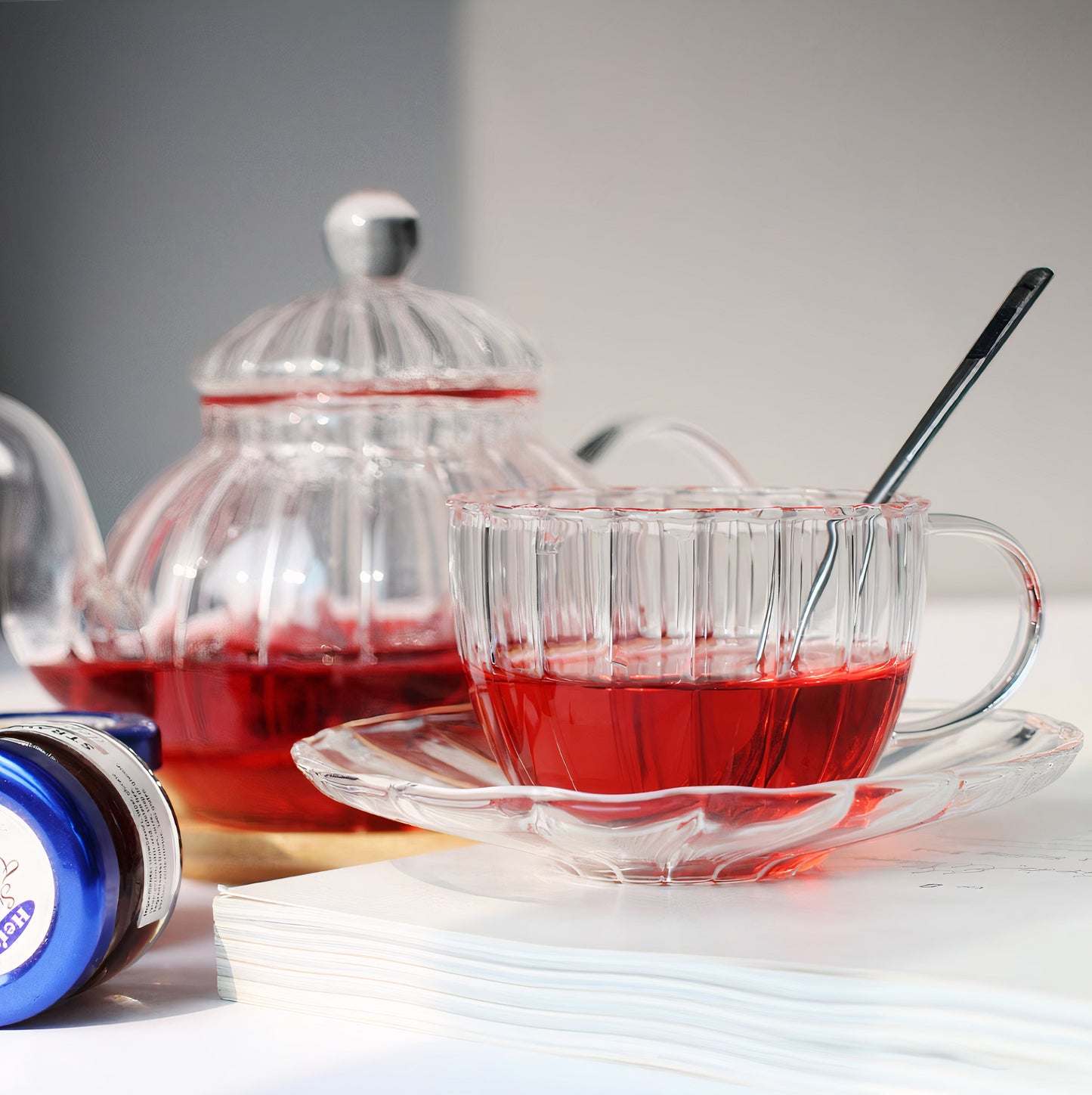 Flower Glass Teapot & 2 Teacup Set