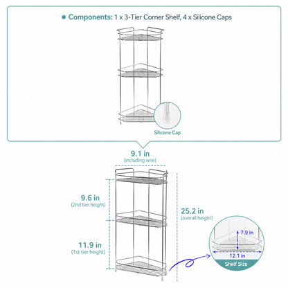 3-Tier Stainless Steel Bathroom Corner Shelf