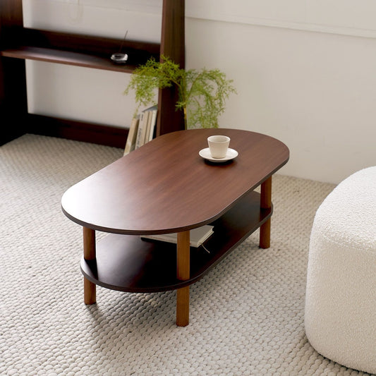 Walnut Oval Coffee Table with Storage Shelf