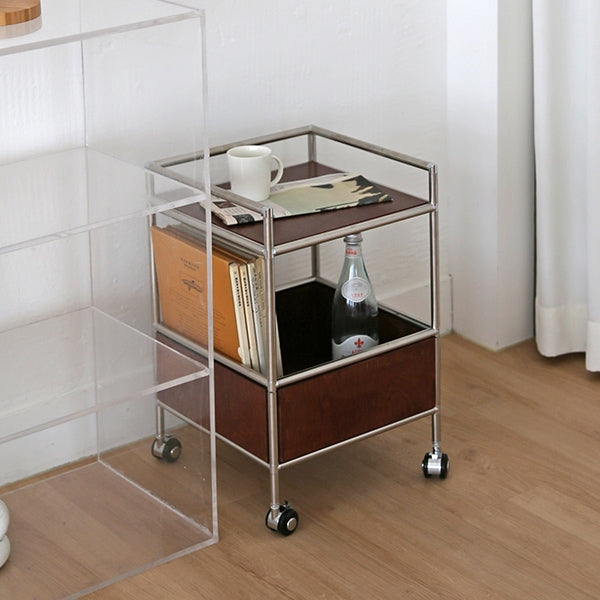 Wood & Steel Rolling Side Table