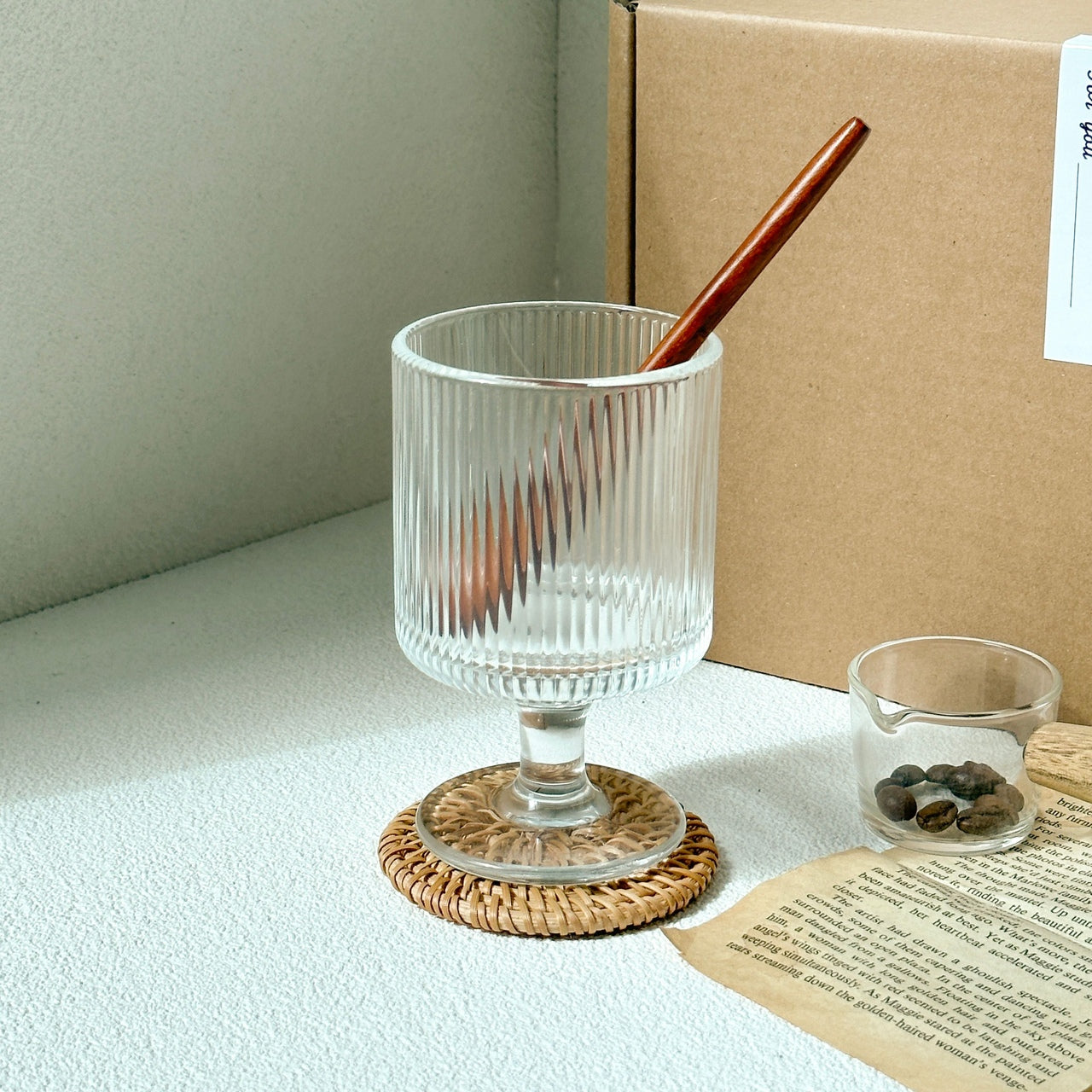Fluted Goblet Glasses with Rattan Coasters – Set of 2