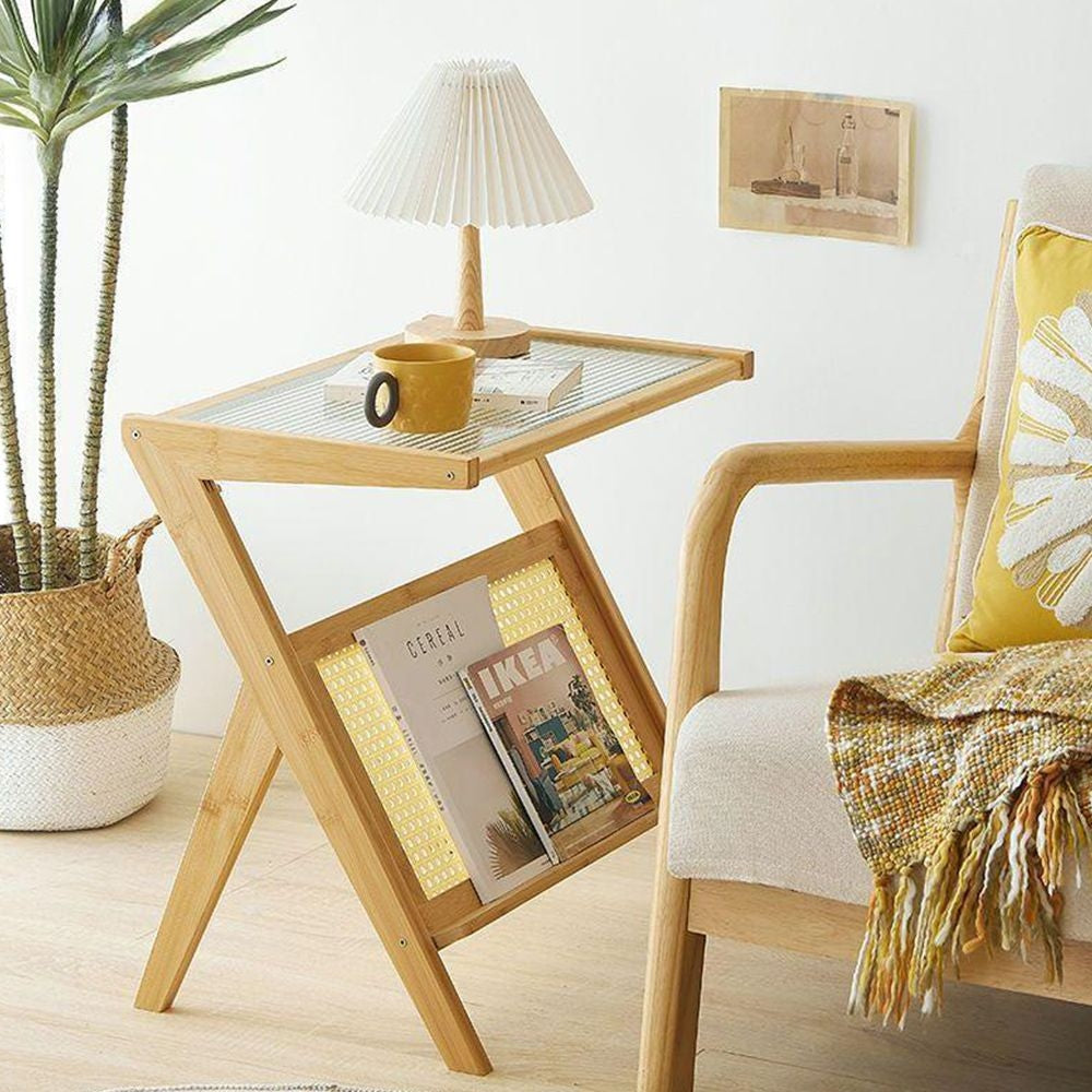 Bamboo Rattan Side Table with Magazine Holder