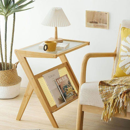 Bamboo Rattan Side Table with Magazine Holder