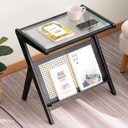 Bamboo Rattan Side Table with Magazine Holder
