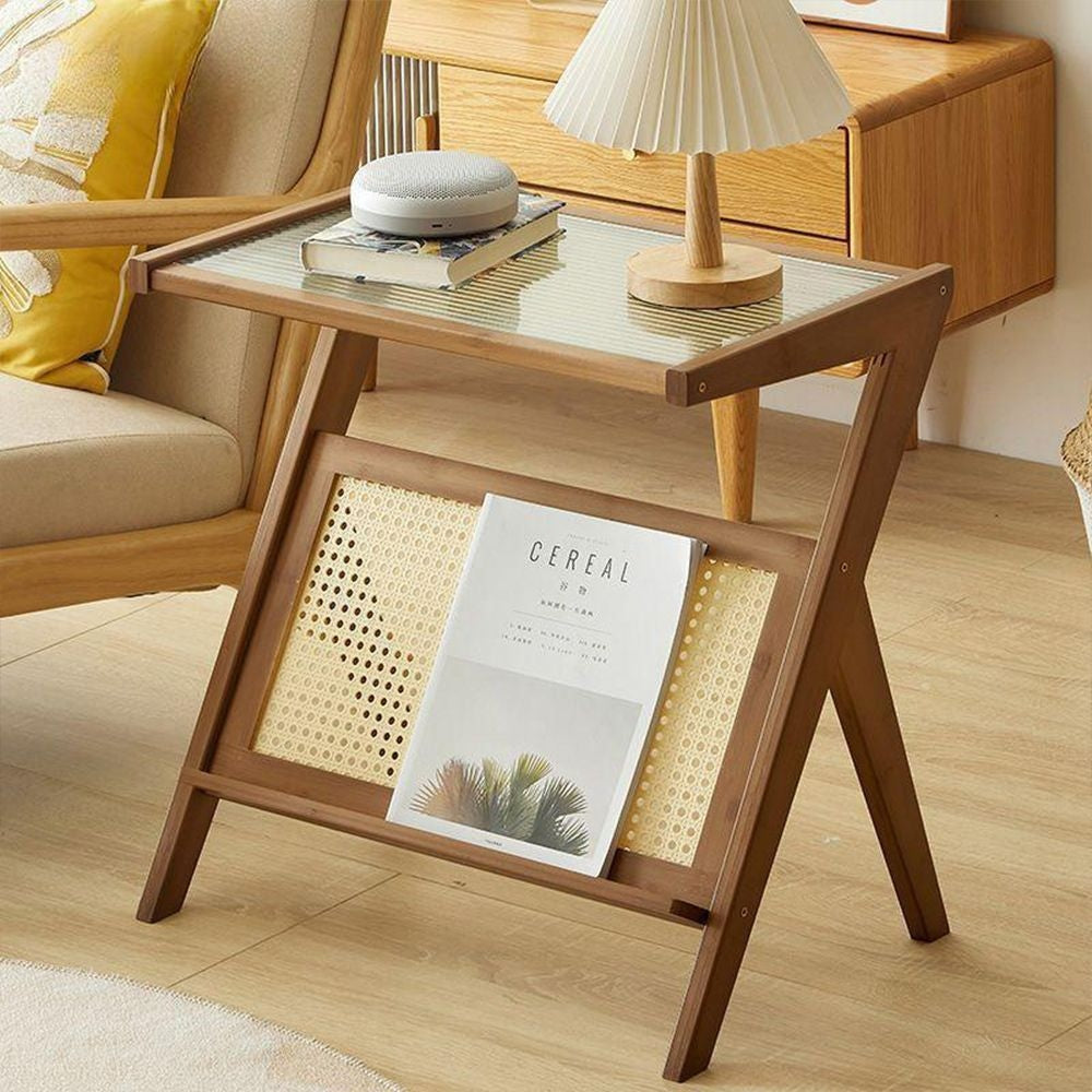 Bamboo Rattan Side Table with Magazine Holder