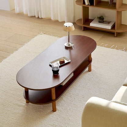 Walnut Oval Coffee Table with Storage Shelf