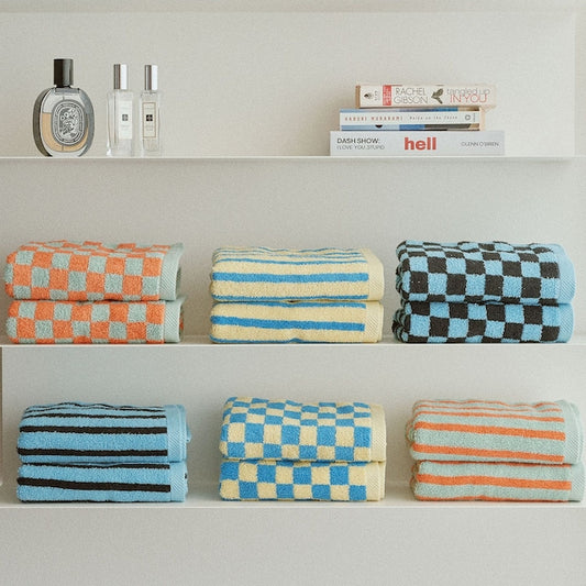 Checkerboard & Stripe Hotel Bath Towel Set (10-Pack)