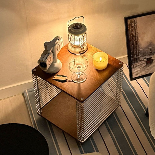 Wire Cube Side Table with Wood Top